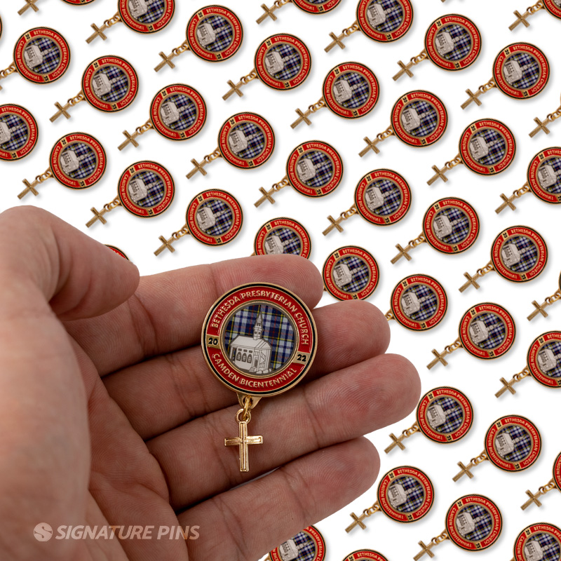 church pin with dangler by signature pins