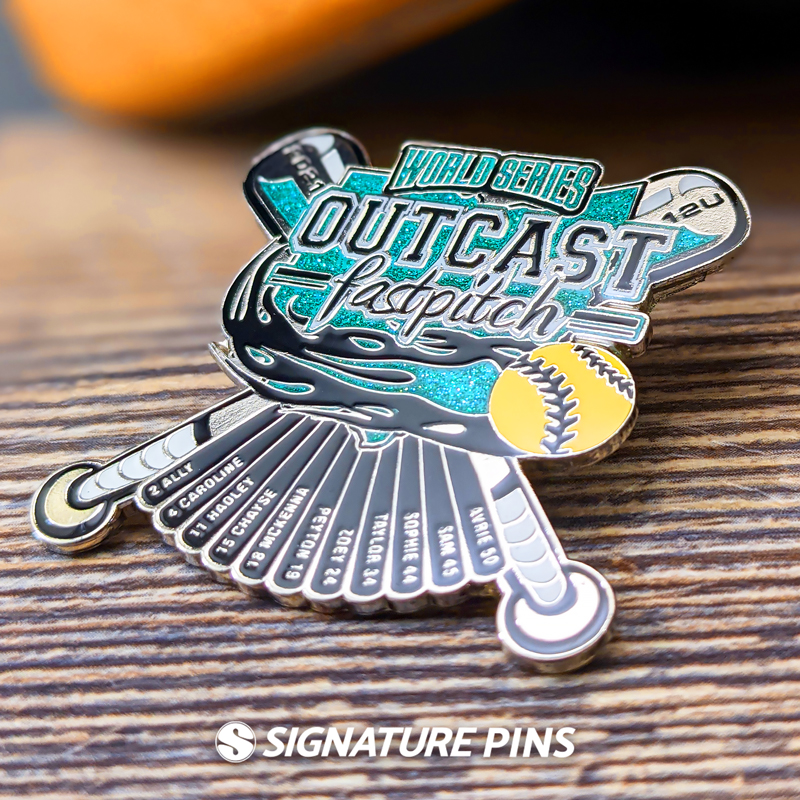 World Series Outcast Fast Pitch Trading Pin with glitter by Signature Pins